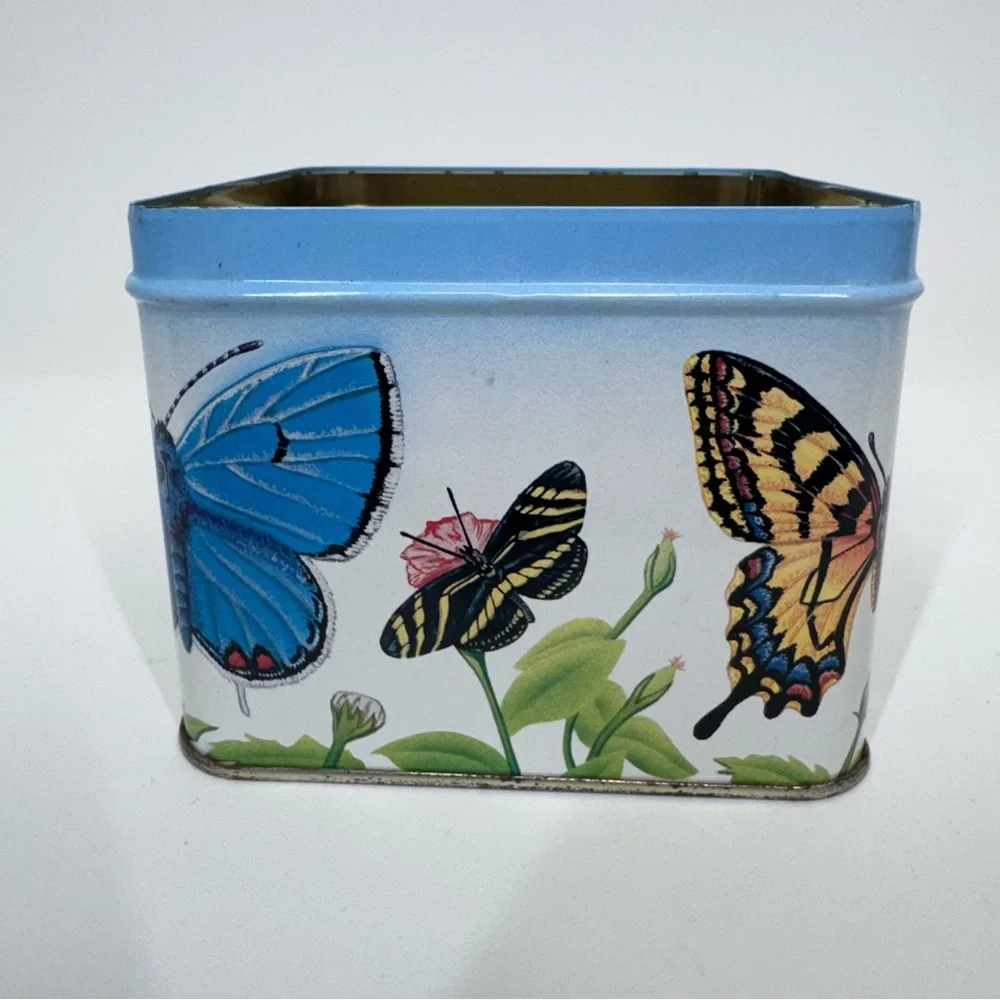 Early 90’s Vintage Butterfly & Flower Print Square Tin Box With Lid